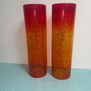 Blenko Amberina Crackle Glass Hurricane Shades Set of 2 Flaws Read